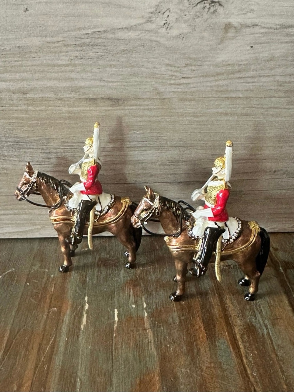 Vintage Jeweled Enameled Horse Soldier Trinket Boxes Pair - British Cavalry